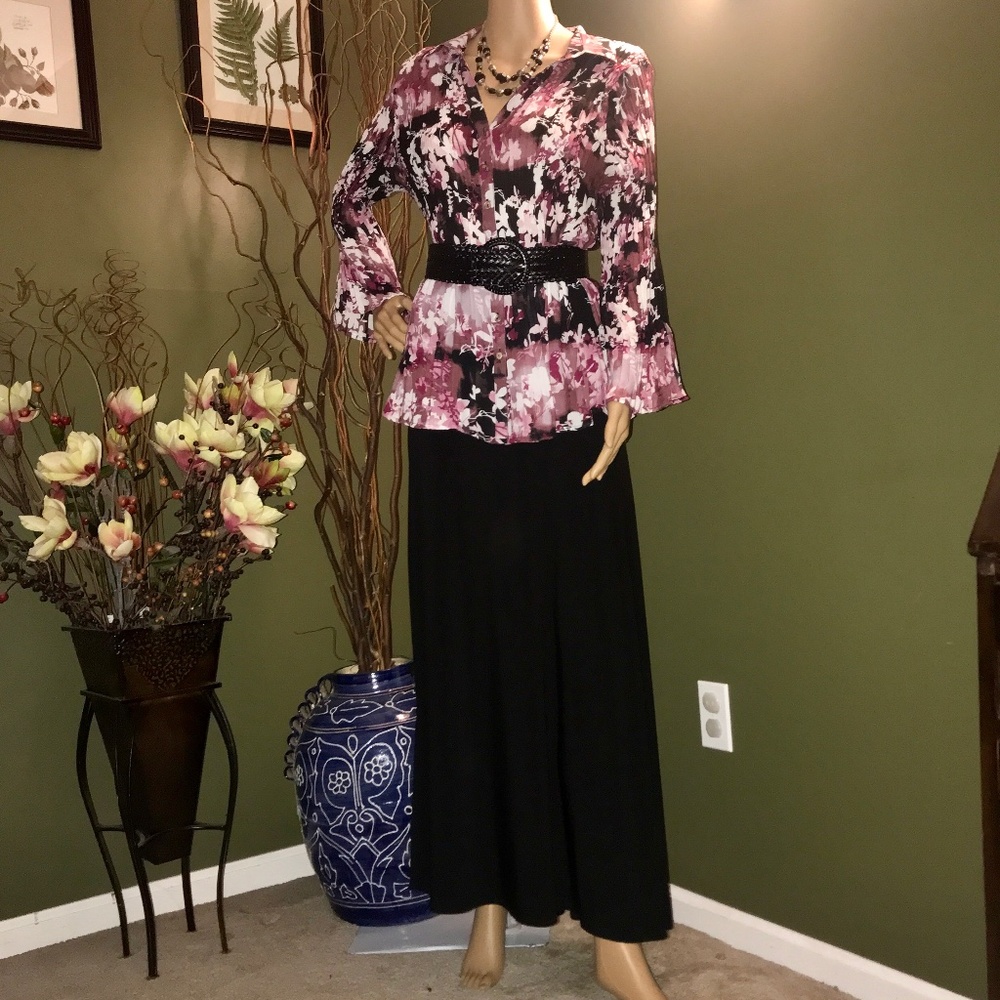 QUINTESSENTIAL Floral Voile Crinkle Pleat Top Sz. L~EUC!